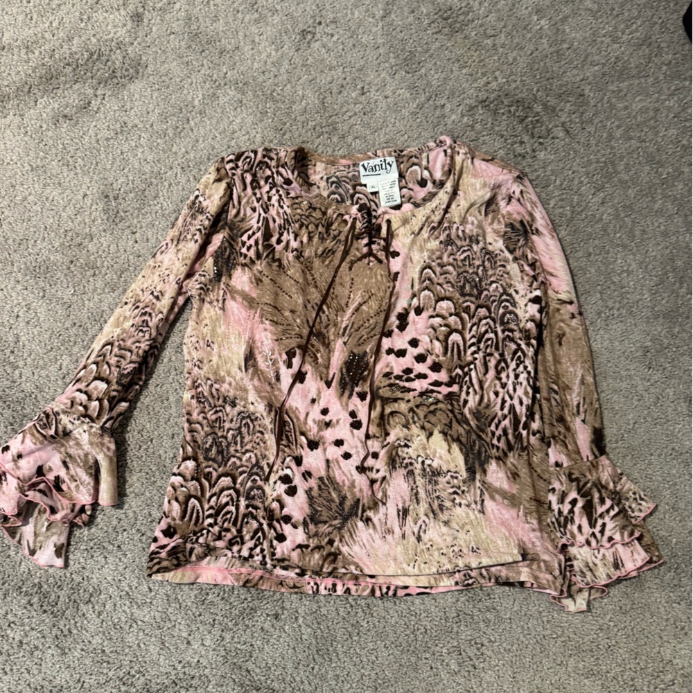 Woman’s animal sheer y2k Pink and Brown Patterned Top lace tie front sheer